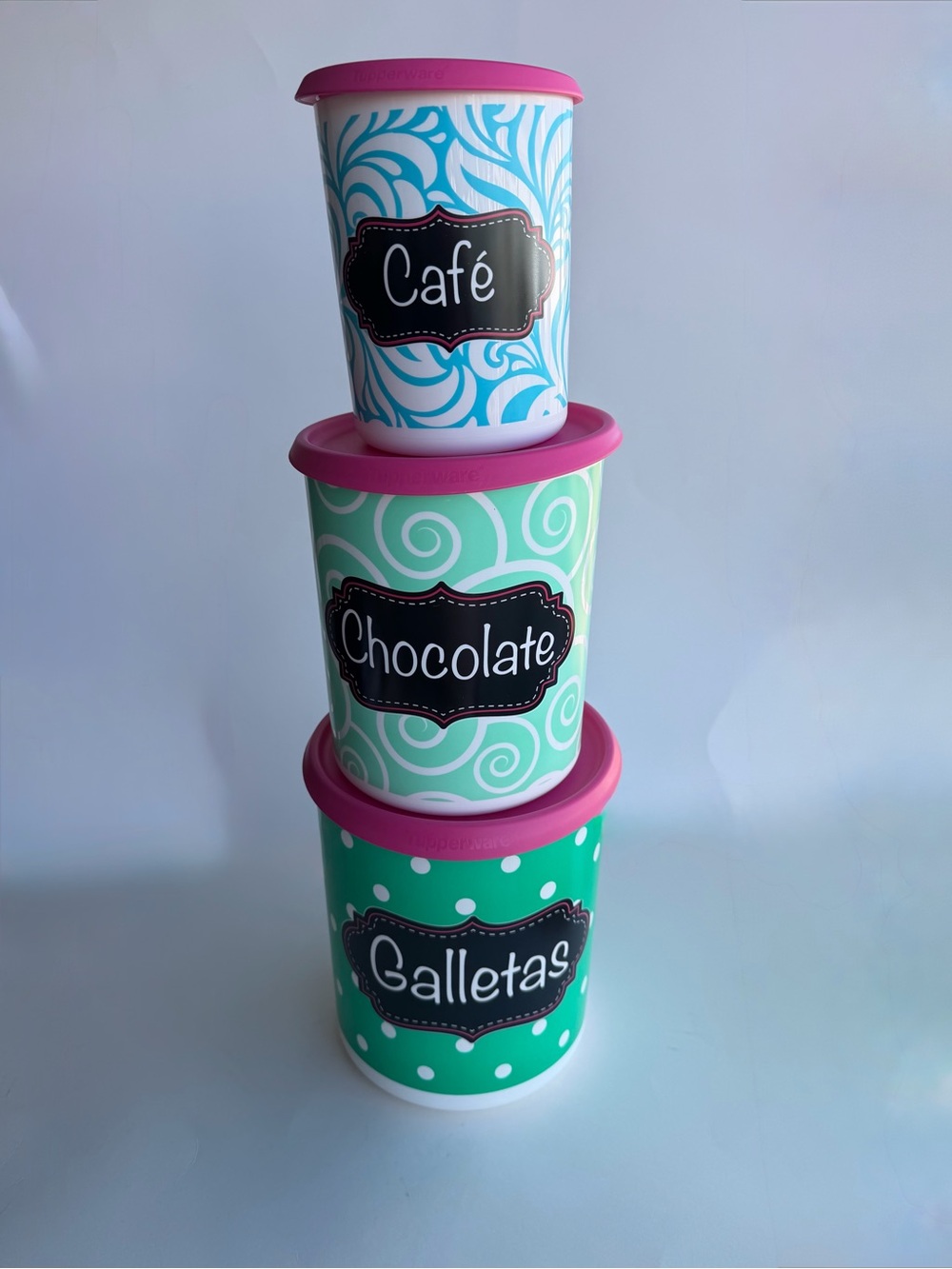 TUPPERWARE Spanish 3 piece Canister Set - Galletas, Chocolate, and Cafe